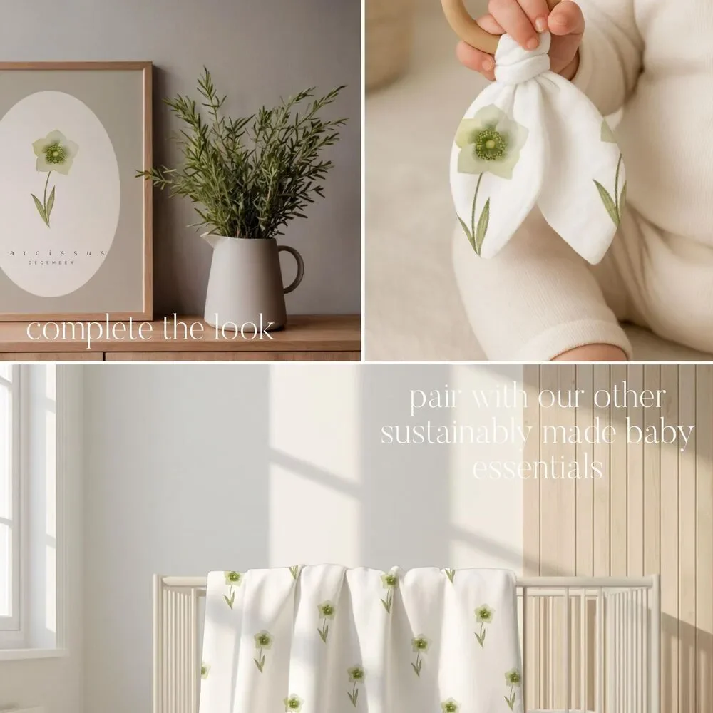 Organic Lovey With Wooden Ring December Birth Flower Baby Gift Teething Blanket